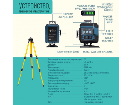 Профессиональный Лазерный уровень (нивелир) LT L16-360Q 16 линий  + тренога 1.6м